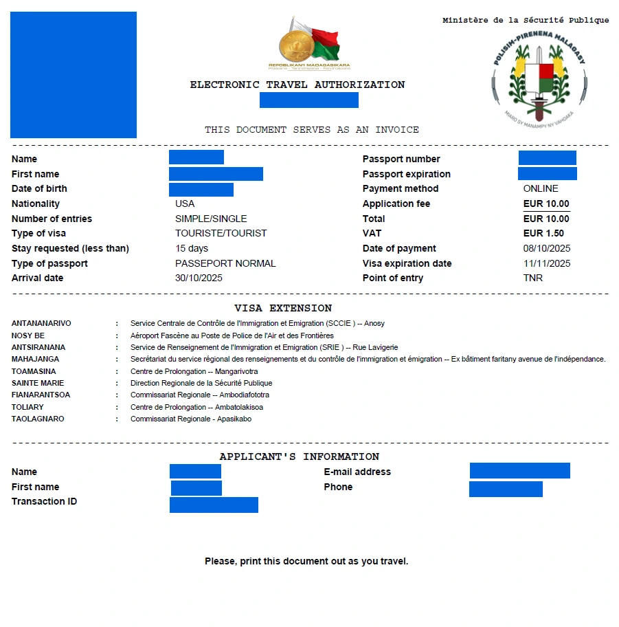 Sample Madagascar eVisa Electronic Travel Authorization
